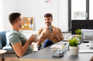 coworkers enjoying coffee in the office